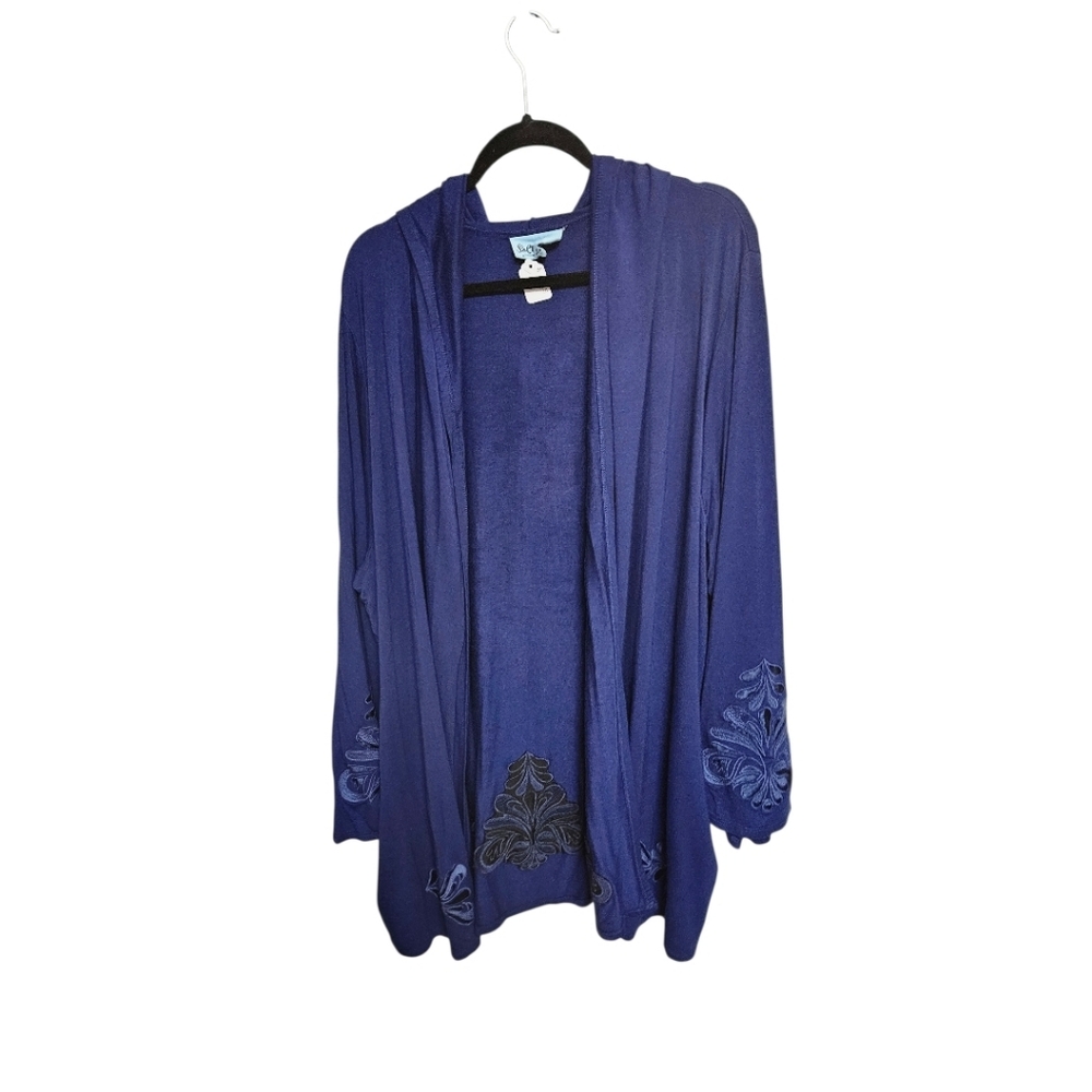 Elegant Blue Hooded Cardigan With Detailed Cutouts
